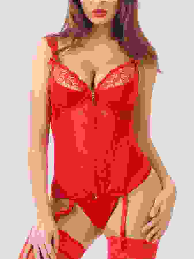 Lovehoney Treasure Me Red Push-Up Basque Set, Red, hi-res